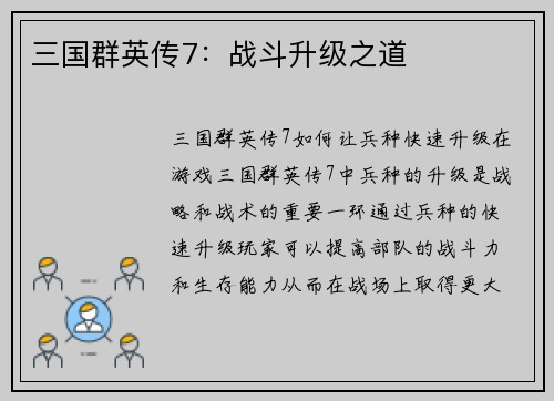三国群英传7：战斗升级之道